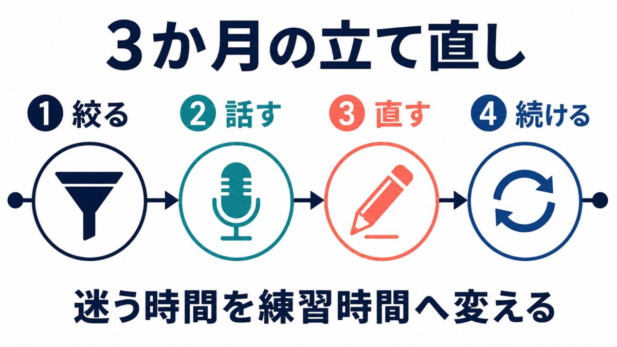 3か月で学習法迷子を立て直す流れを示す図解