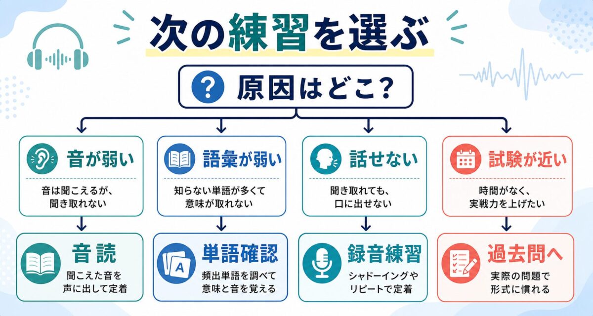 ディクテーション後に音読、単語確認、録音練習、過去問へ進む判断を示した図解