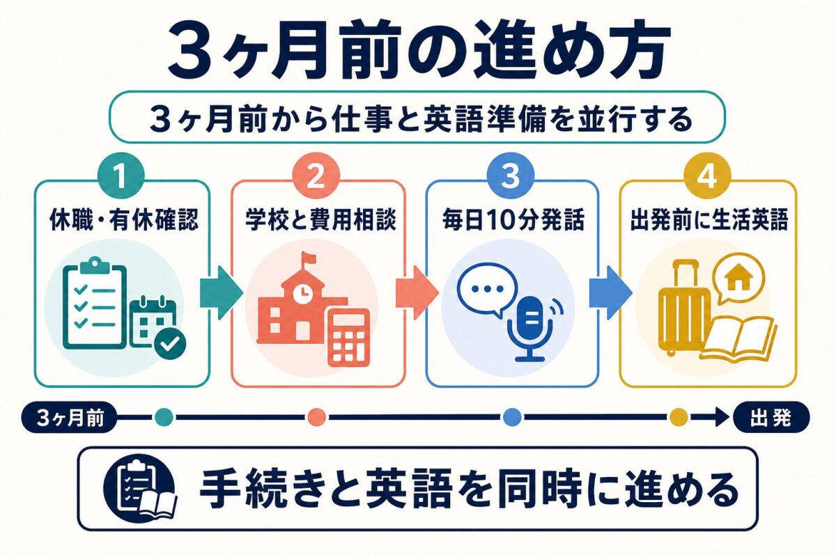 3ヶ月前から相談と英語練習を並行する流れの図解