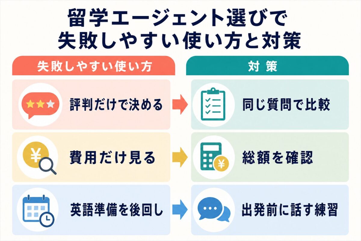 留学エージェント選びで失敗しやすい使い方と対策を整理した図解