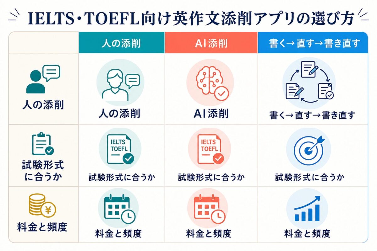 IELTS・TOEFL向け英作文添削アプリの選び方を人の添削、AI添削、書き直しで比較した図解
