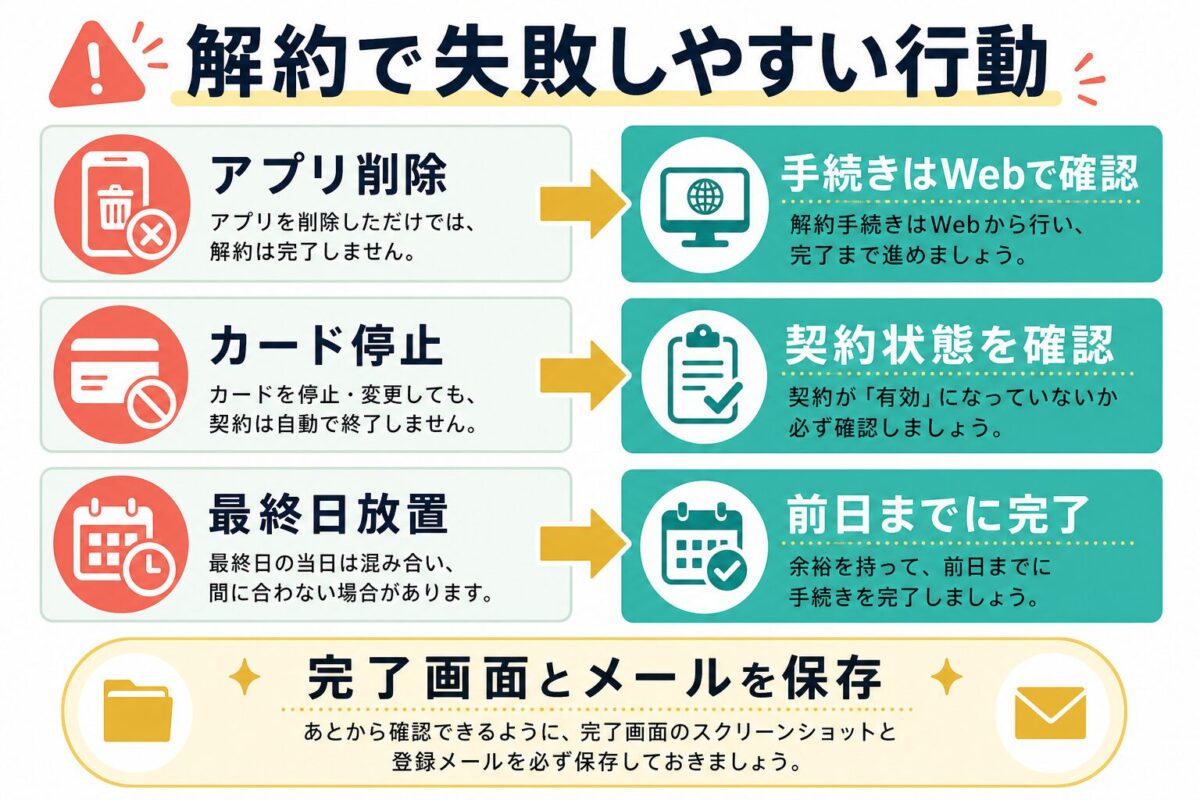 Kimini英会話の解約で失敗しやすい行動と対策の図解