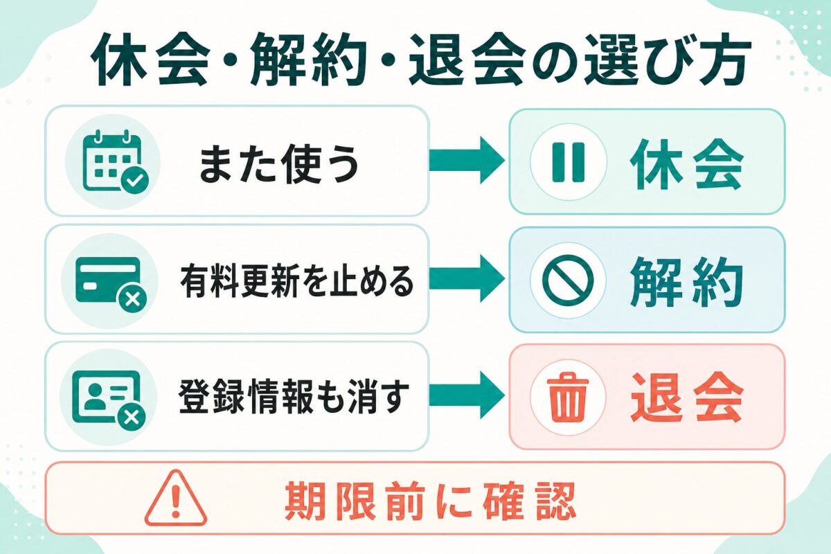 Kimini英会話の休会・解約・退会の選び方を示す図解