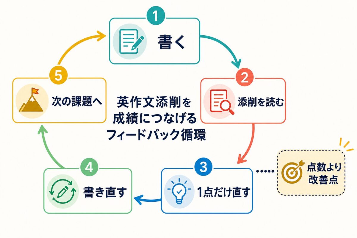 英作文を提出して添削を読み一点直して書き直すフィードバック循環の図解