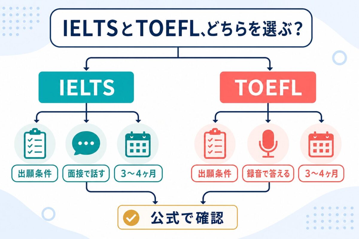 IELTSとTOEFLのどちらを選ぶかを出願条件と話しやすい形式で分ける図解