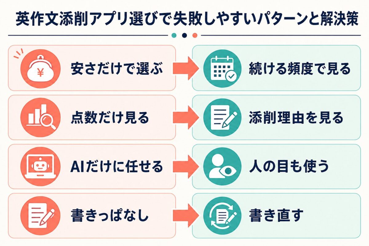 英作文添削アプリ選びで安さや点数だけを見て失敗しないための解決策図解