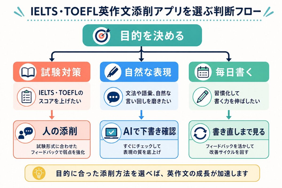 英作文添削アプリを試験対策、自然な表現、毎日書く目的別に選ぶ判断フロー