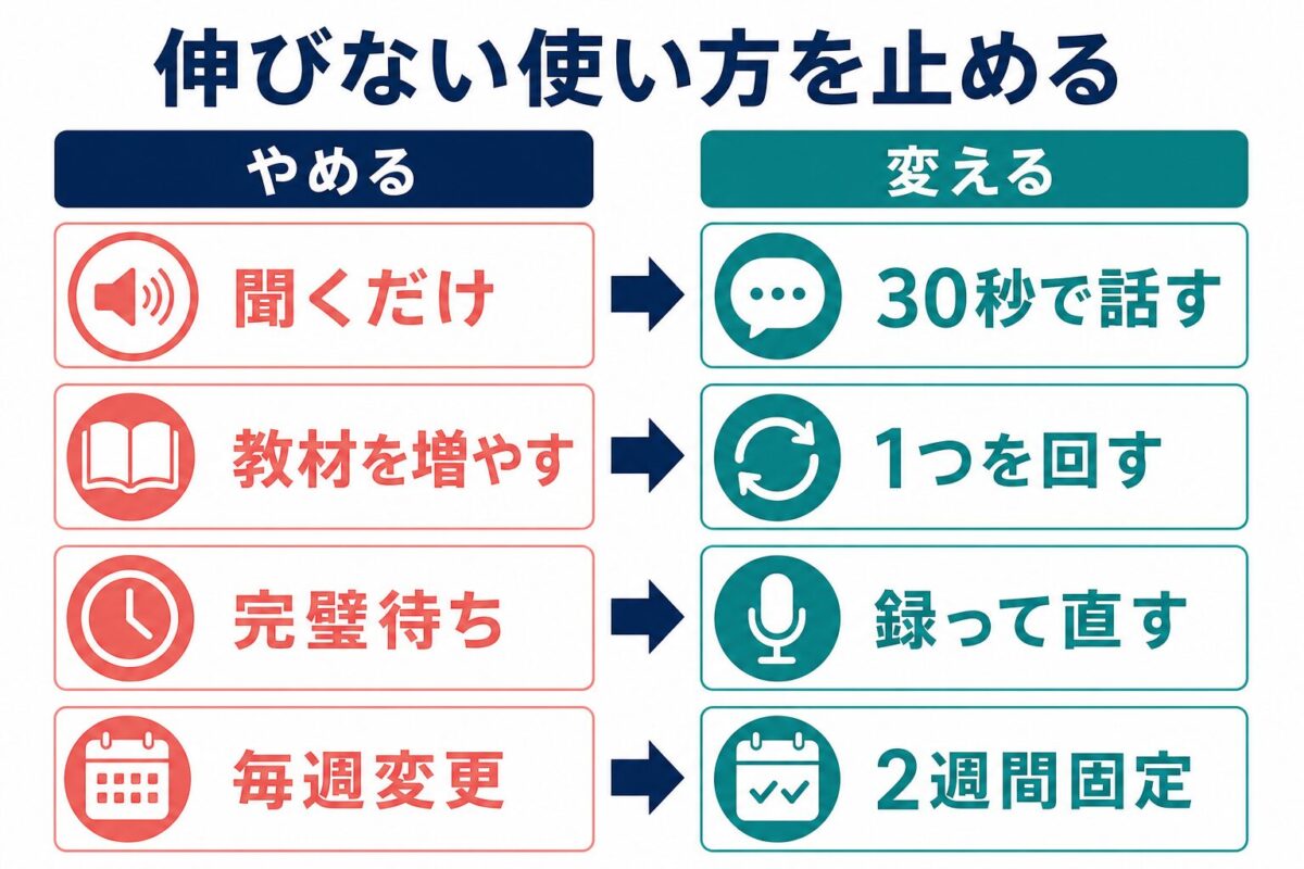 英会話練習サイトで伸びない使い方を止める比較図
