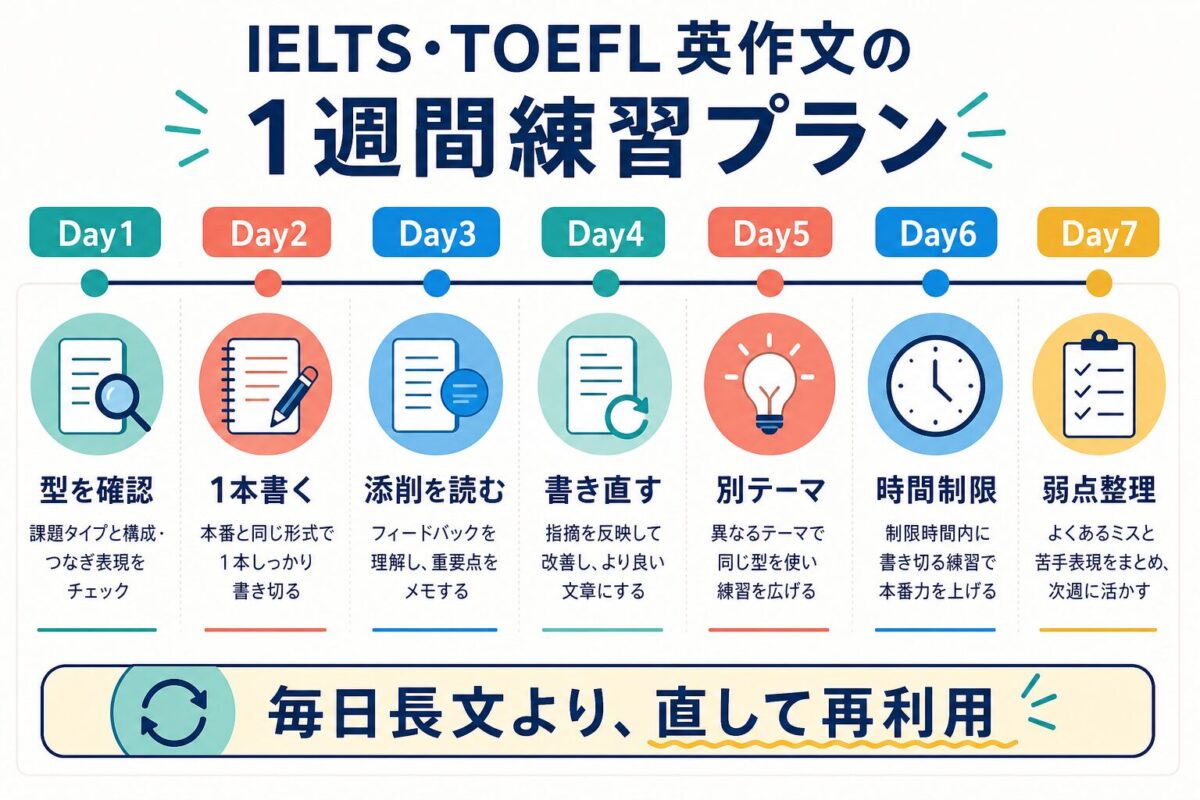 IELTS・TOEFL英作文を一週間で書く添削を読む書き直す流れにした練習プラン図解