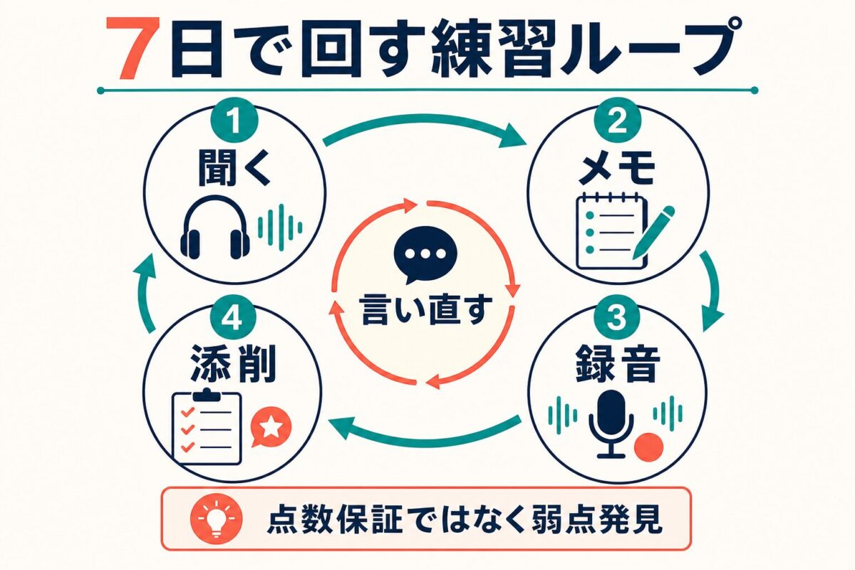 TOEFL Speaking Integratedを7日で聞くメモ録音添削と言い直しに回す練習ループ図