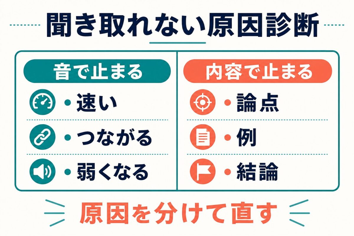 TOEFL Integratedで聞き取れない原因を音と内容に分ける図解