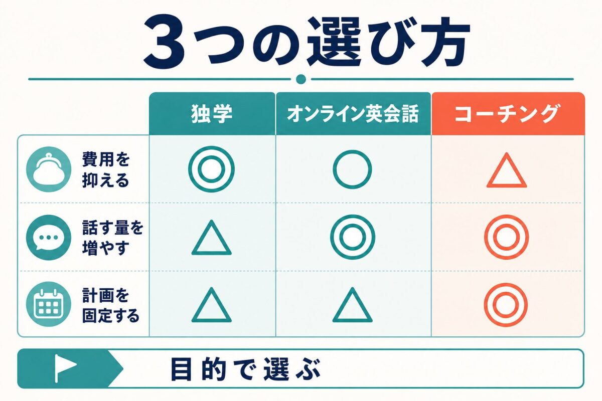 独学、オンライン英会話、コーチングを費用、話す量、計画固定で比べる図解
