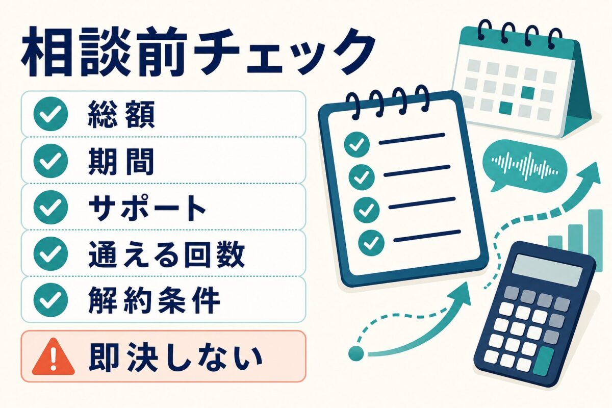 スパルタ英会話の相談前に総額、期間、サポート、通える回数、解約条件を確認する図解