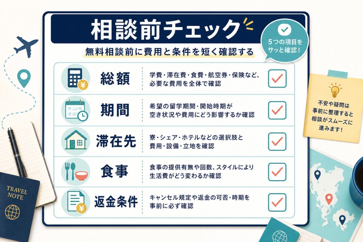 U-GAKUの無料相談前に総額、期間、滞在先、食事、返金条件を確認するチェックリスト図解