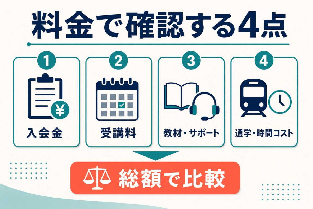 スパルタ英会話の料金で入会金、受講料、教材サポート、通学時間コストを確認する図解