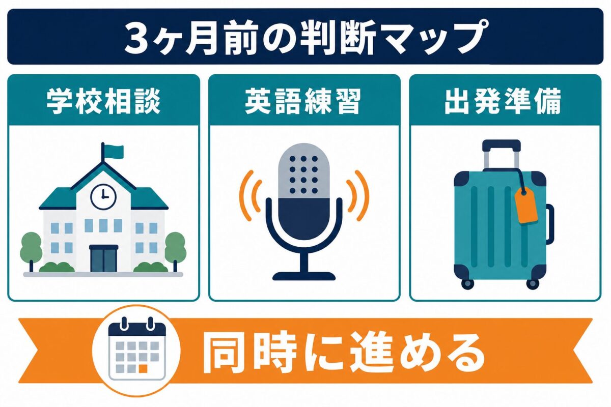 スマ留を使う前に3ヶ月前の留学準備を学校相談・英語練習・出発準備に分ける図解