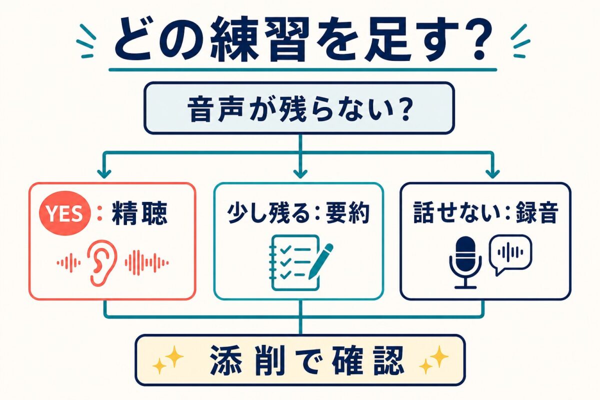 TOEFL Integratedで音声が残らないときに精聴要約録音添削を選ぶ判断図