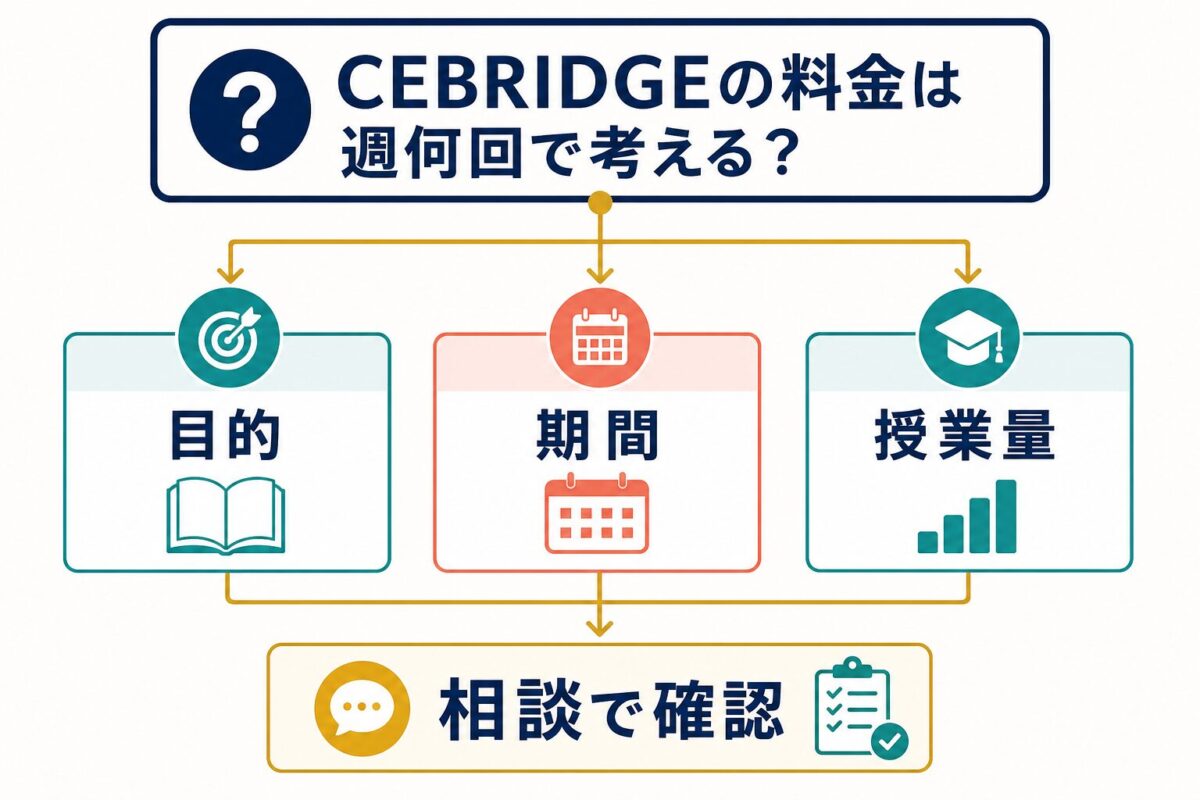 CEBRIDGEの料金を目的・期間・授業量・相談で確認に分けて考える図解
