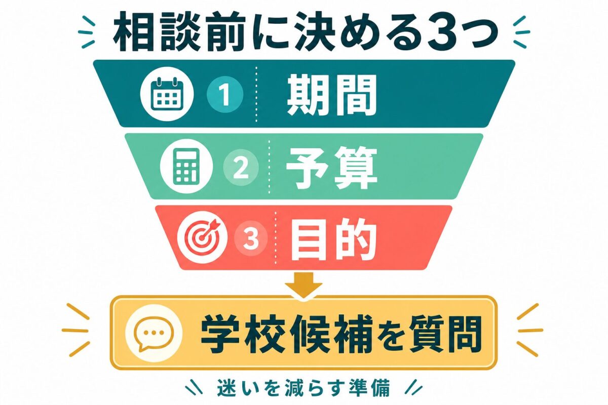 フィリピン留学ナビへ相談する前に決めたい期間予算目的の図解
