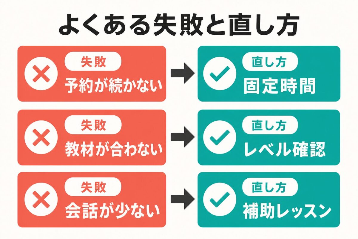 Kimini英会話でよくある失敗と直し方を示す図解