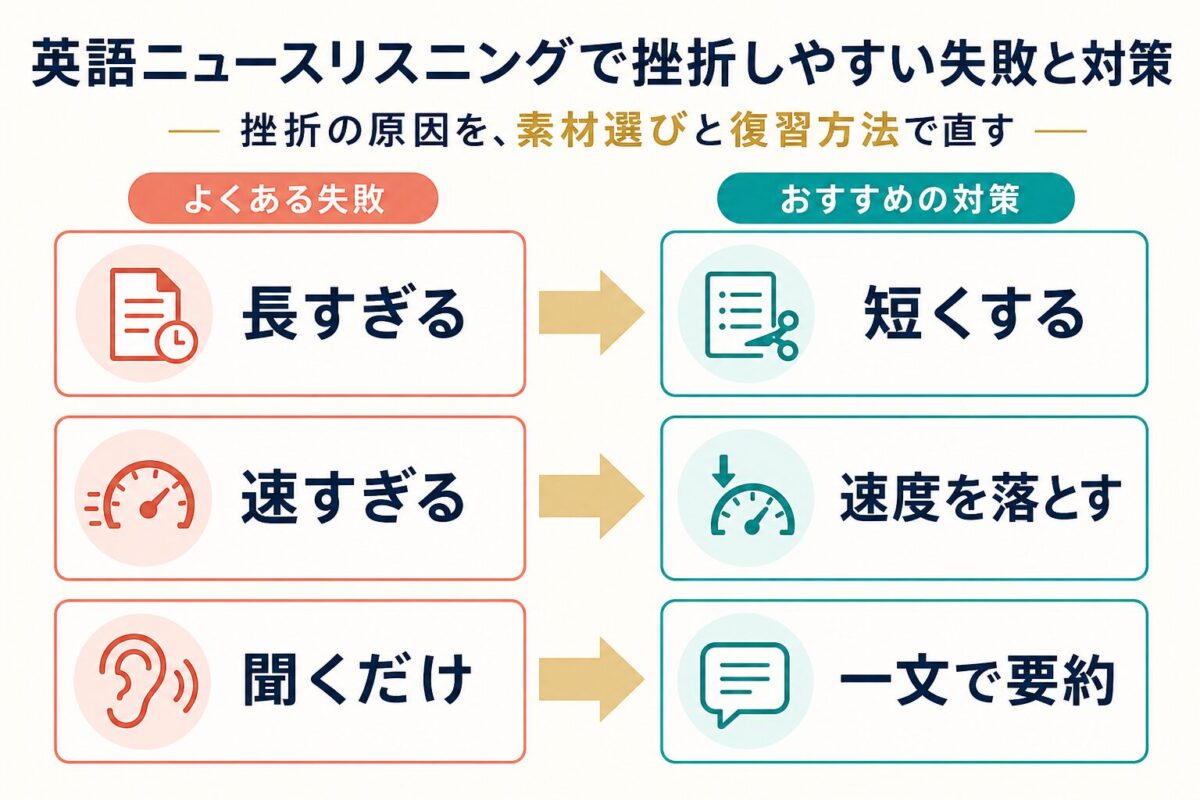 英語ニュースリスニングで挫折する原因と対策を整理する図解
