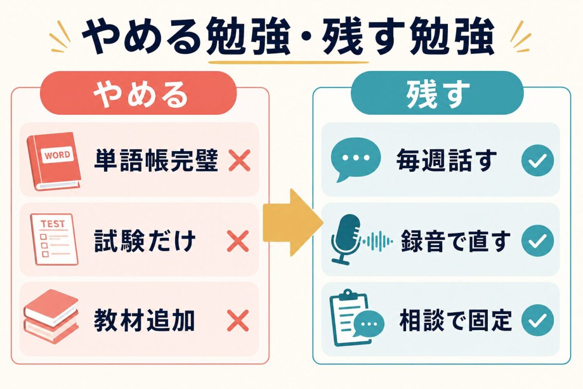 留学前3ヶ月でやめる勉強と残す勉強を示した図解