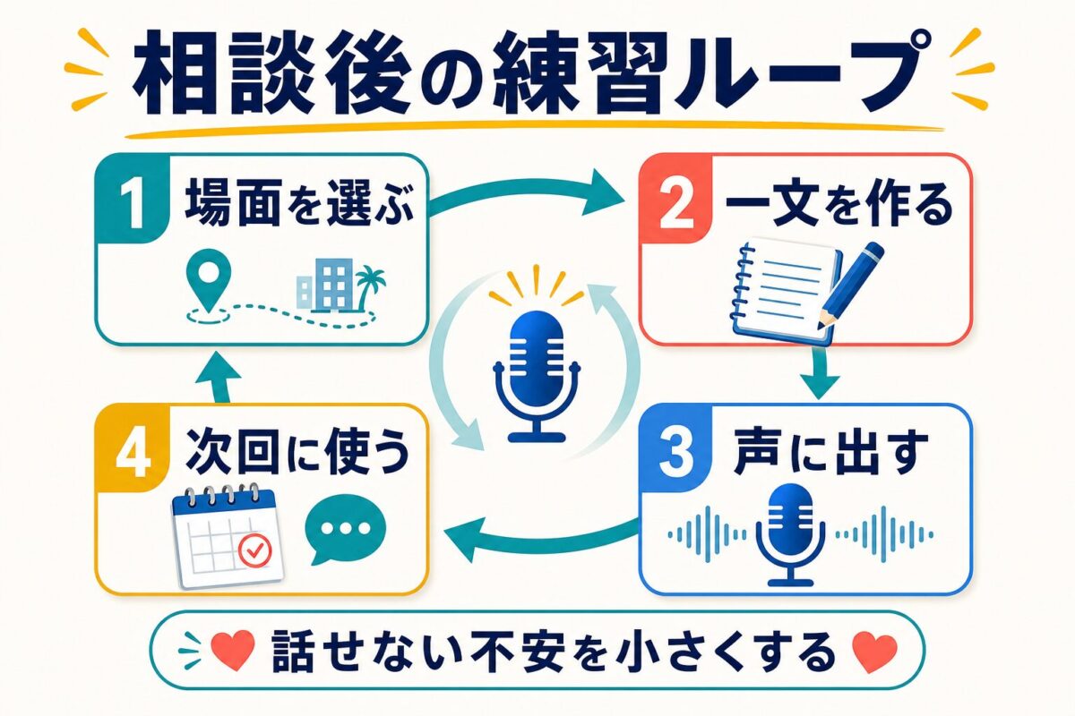 フィリピン留学ナビ相談後に場面選びから発話まで回す練習ループ図解