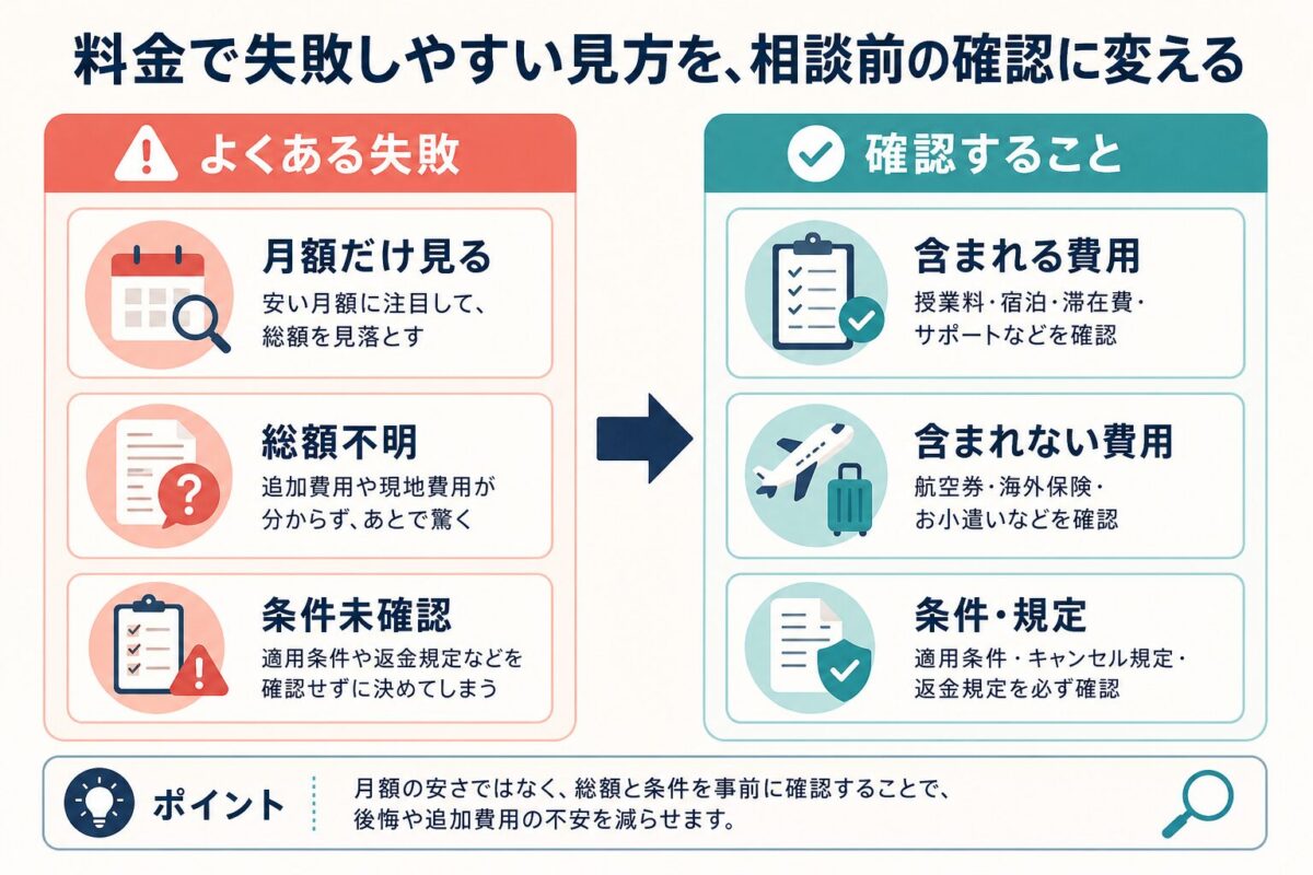 U-GAKU料金で月額だけを見る、総額が不明、条件未確認という失敗を相談前確認に変える図解