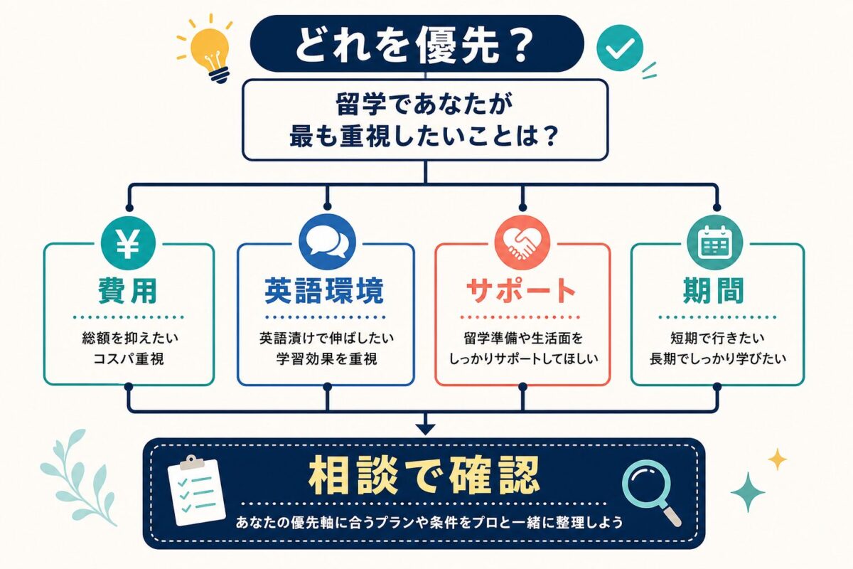 U-GAKUを費用、英語環境、サポート、期間のどれで優先するか整理する判断図解