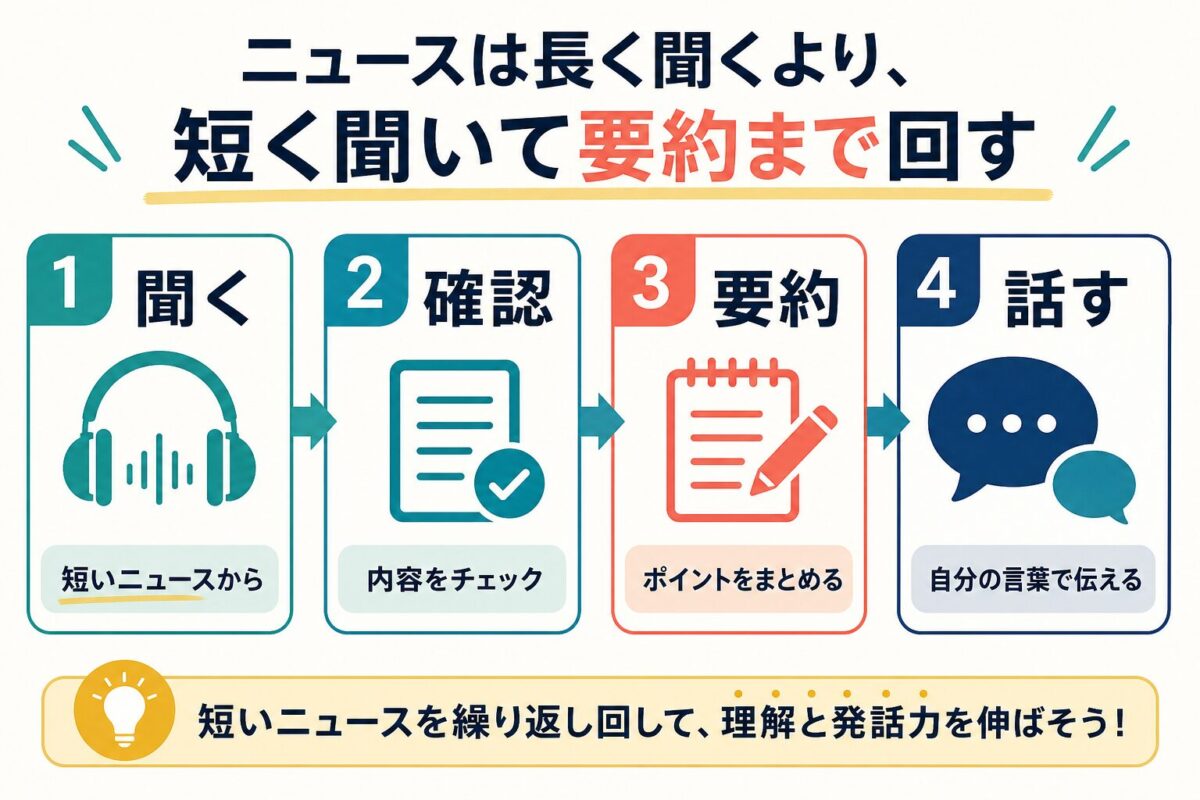 英語ニュースを聞く確認要約話すの4段階で練習する図解