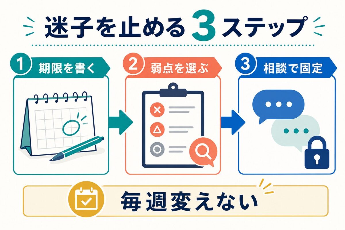 期限を書く、弱点を選ぶ、相談で固定する3ステップの図