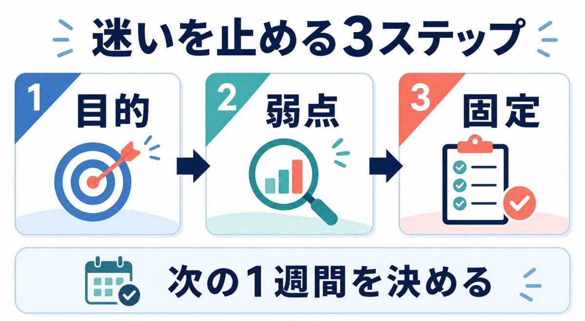 目的、弱点、固定の3ステップで学習法迷子を止める図解