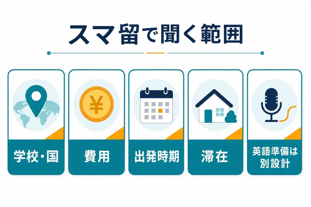 スマ留で学校や国、費用、出発時期、滞在、英語準備を分けて聞く範囲の図解