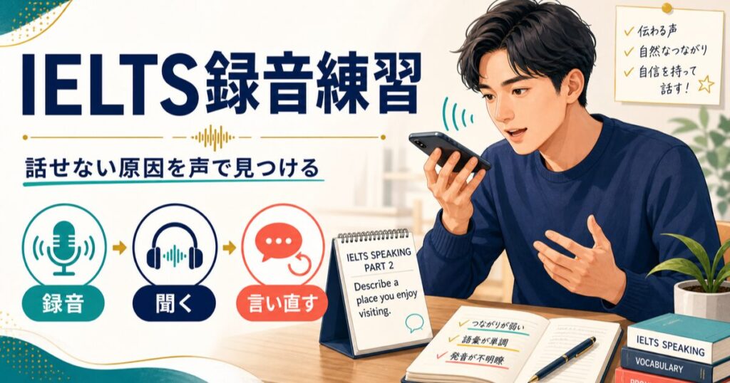 IELTS Speakingの録音練習で話せない原因を声から見つける方法を表すアイキャッチ画像