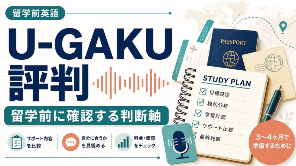 U-GAKU評判の記事アイキャッチ。留学前に確認する判断軸を示す人物なしの編集ビジュアル。