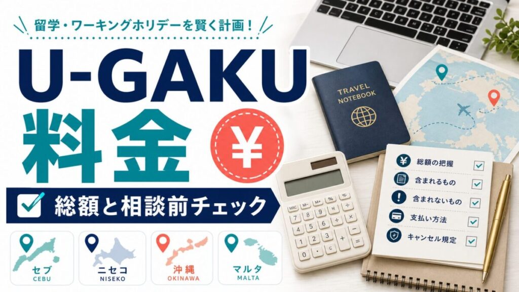 U-GAKU料金の記事アイキャッチ。総額と相談前チェックを示す人物なしの編集ビジュアル。