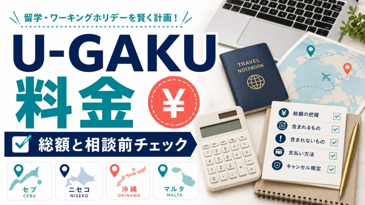 U-GAKU料金の記事アイキャッチ。総額と相談前チェックを示す人物なしの編集ビジュアル。