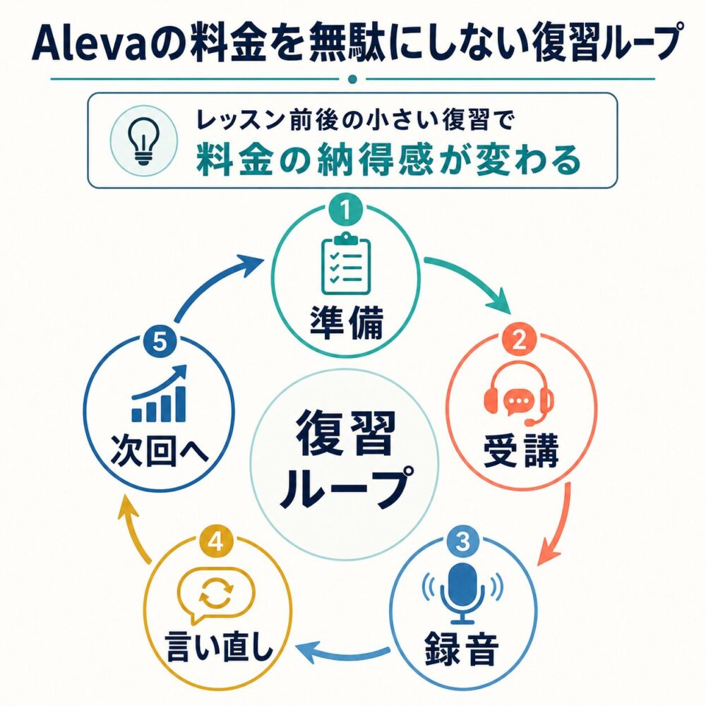Alevaのレッスン前後に準備・受講・録音・言い直し・次回へ進む復習ループ