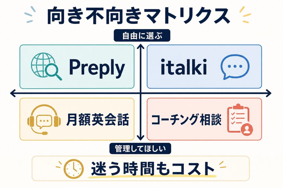 Preply・italki・月額英会話・コーチング相談の向き不向きマトリクス
