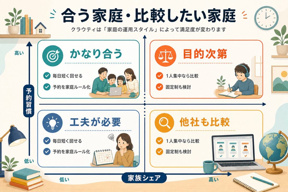 クラウティが合う家庭と合いにくい家庭を、家族シェアと予約習慣で整理したマトリクス図解