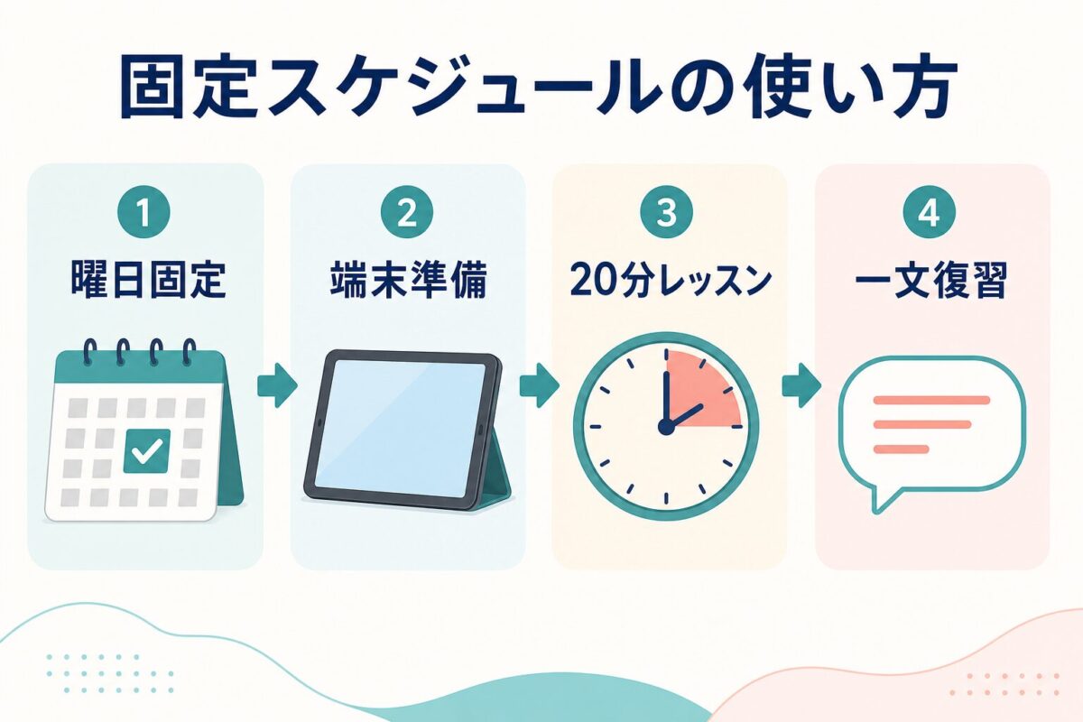 GLOBAL CROWNの固定スケジュールを家庭習慣に変える手順を示した図解