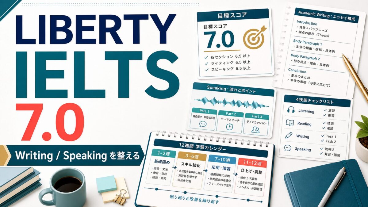 LIBERTY IELTS 7.0対策のWritingとSpeakingを整えるAI生成サムネイル
