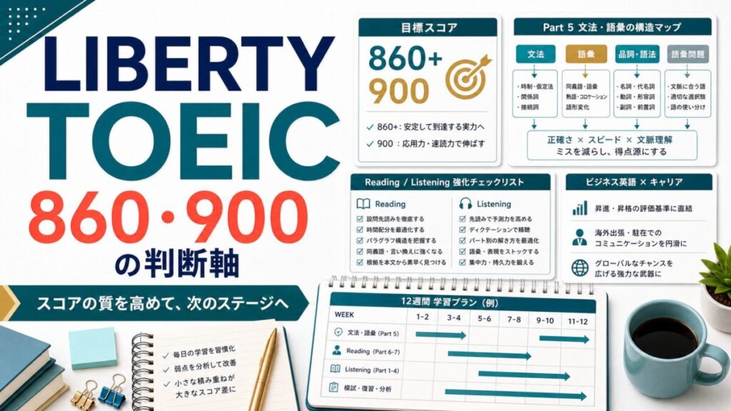 LIBERTY TOEIC 860点・900点対策の判断軸を示すAI生成サムネイル