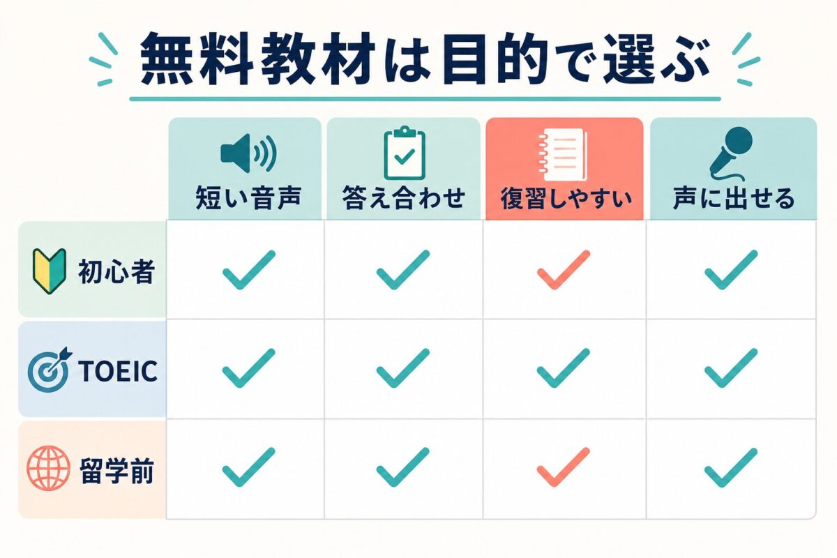 無料ディクテーション教材を初心者、TOEIC、留学前の目的で選ぶ表