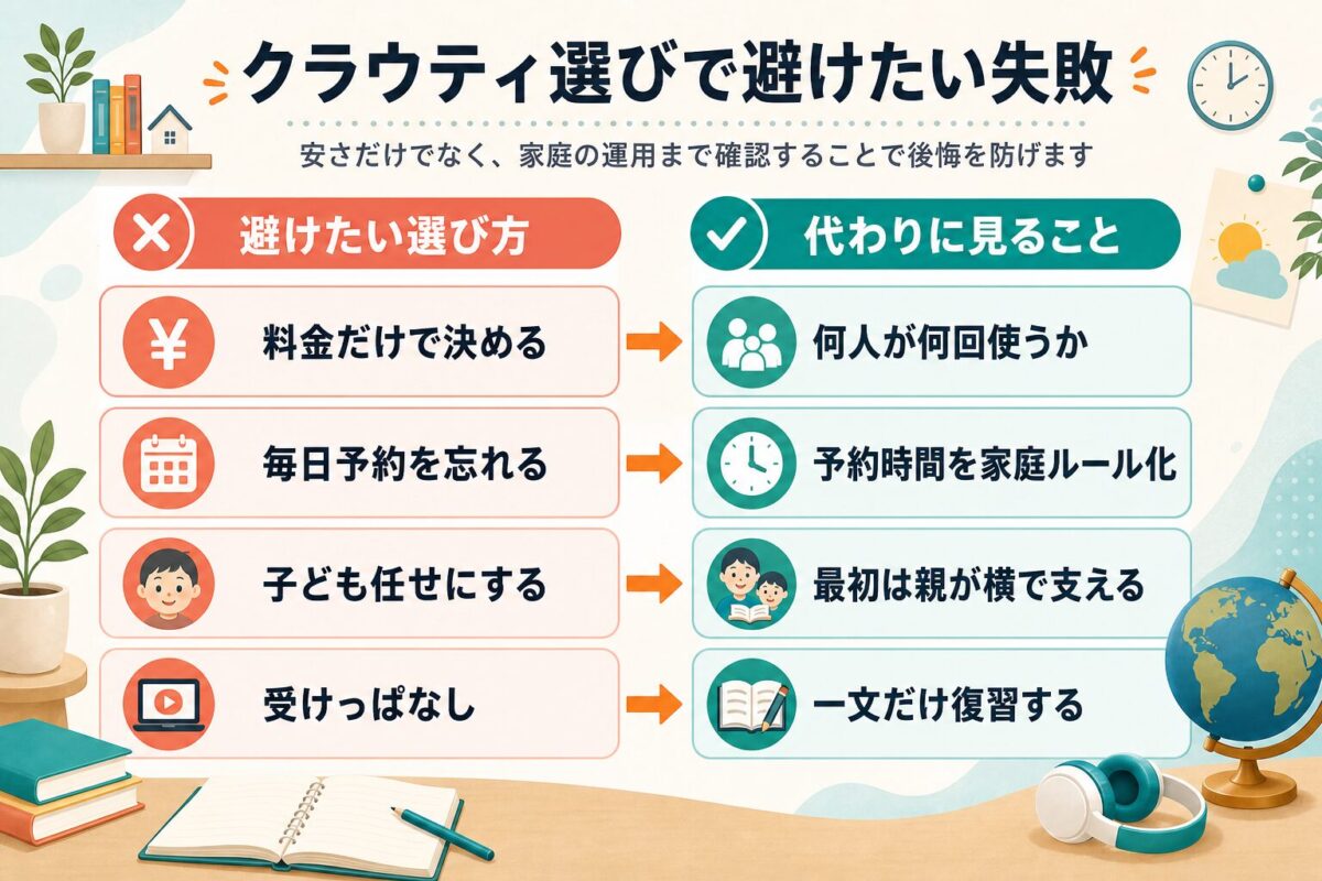 クラウティ選びで避けたい失敗と、無料体験で代わりに見るべきポイントを整理した図解