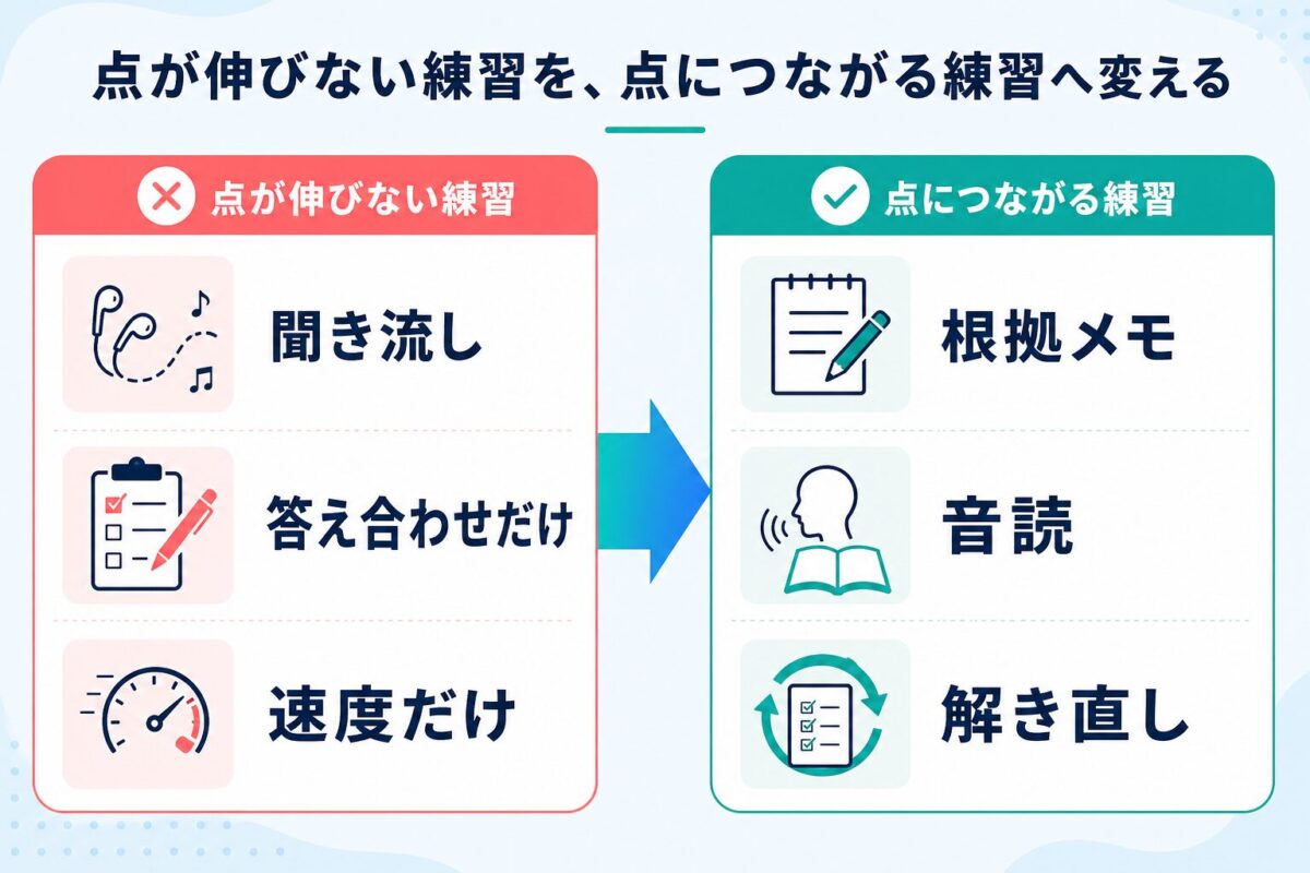 聞き流しや答え合わせだけの練習を根拠メモ、音読、解き直しに変える図解