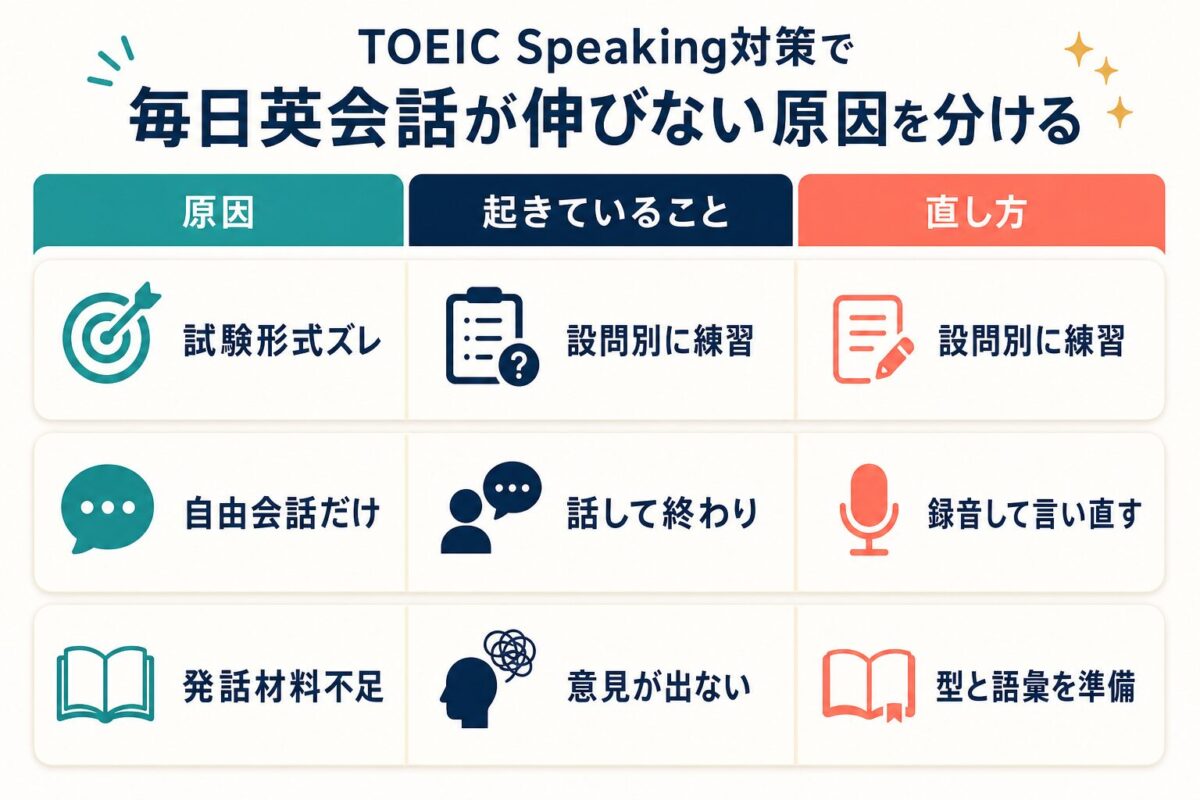 TOEIC Speakingが伸びない原因と直し方を分けた比較表