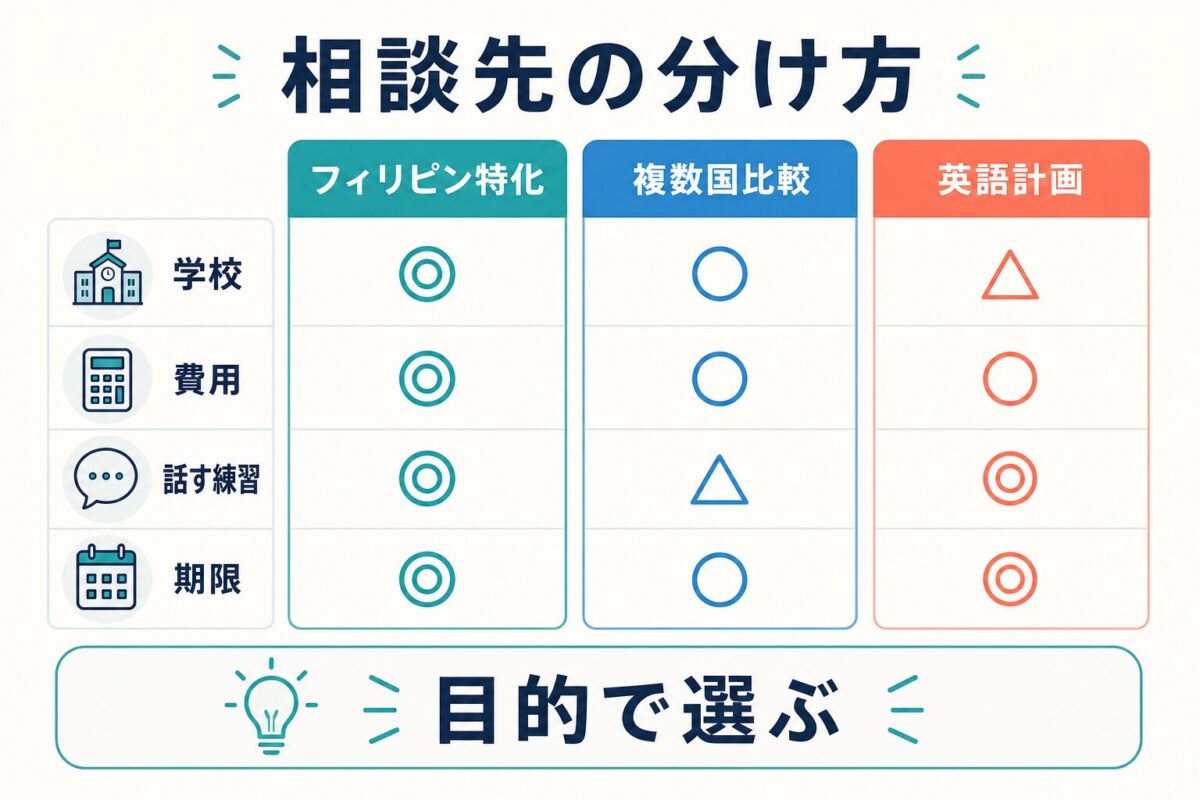 フィリピン留学ナビと複数国比較と英語計画の相談先を分ける図解