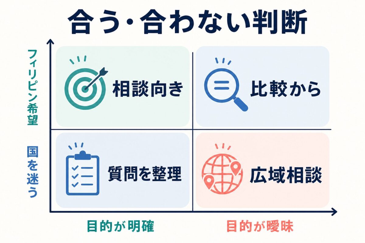 フィリピン留学ナビが合う人と合わない人を目的と国で分ける図解