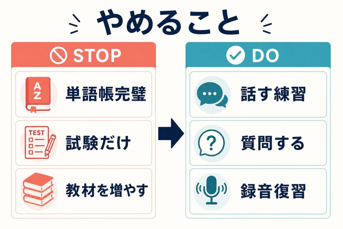 留学前の英語準備でやめることとやることを比較した図解